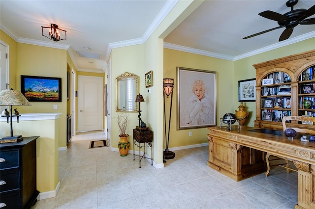 3681 Divot Ln, Sarasota, FL 34232 - office featuring a ceiling fan, crown molding, and light tile patterned floors