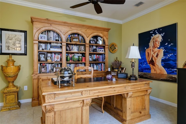 3681 Divot Ln, Sarasota, FL 34232 - office with a ceiling fan, crown molding, and light tile patterned floors