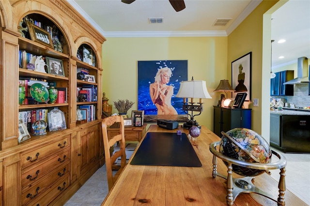3681 Divot Ln, Sarasota, FL 34232 - office space with a ceiling fan, ornamental molding, and recessed lighting