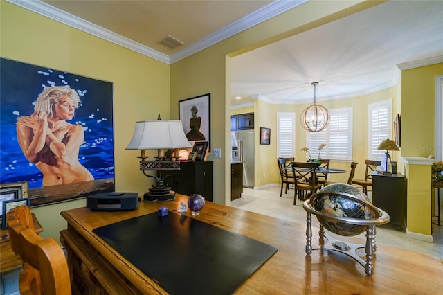 3681 Divot Ln, Sarasota, FL 34232 - office space with light wood-style flooring, ornamental molding, and a chandelier