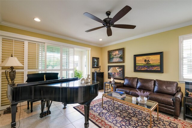 3681 Divot Ln, Sarasota, FL 34232 - living area with ceiling fan, ornamental molding, recessed lighting, and tile patterned flooring