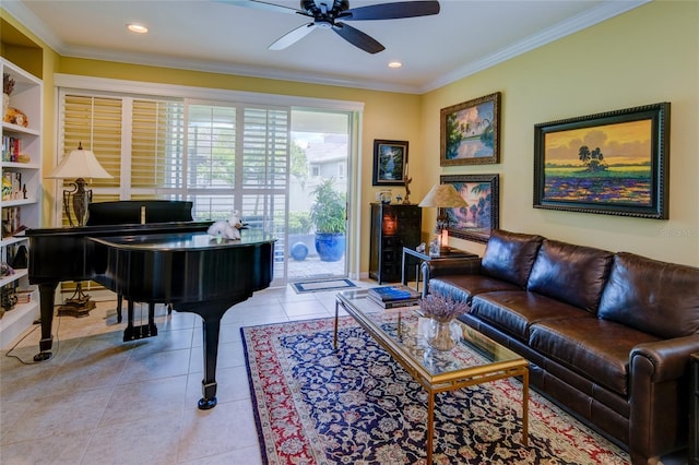 3681 Divot Ln, Sarasota, FL 34232 - tiled living room featuring ceiling fan, ornamental molding, and recessed lighting