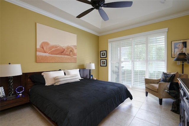 3681 Divot Ln, Sarasota, FL 34232 - bedroom featuring ornamental molding, light tile patterned flooring, and a ceiling fan