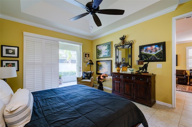 3681 Divot Ln, Sarasota, FL 34232 - bedroom featuring multiple windows, crown molding, light tile patterned floors, and a ceiling fan