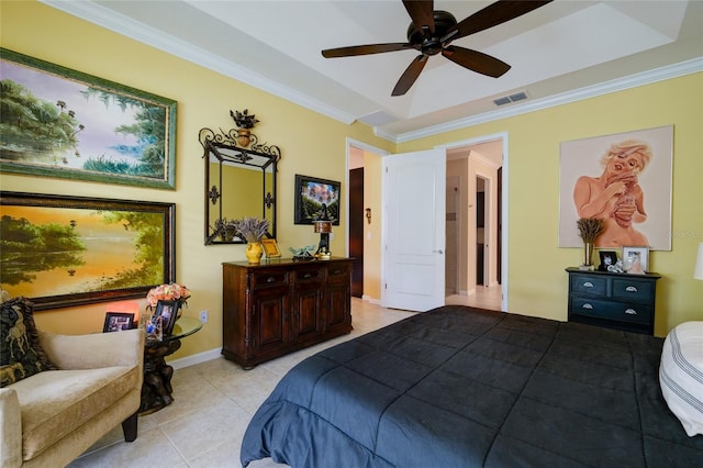 3681 Divot Ln, Sarasota, FL 34232 - bedroom with light tile patterned floors, ornamental molding, and a ceiling fan
