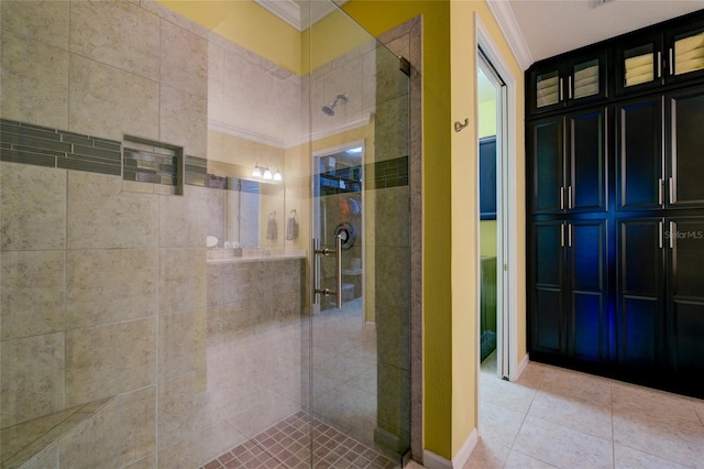 3681 Divot Ln, Sarasota, FL 34232 - full bathroom with crown molding, a stall shower, and tile patterned floors