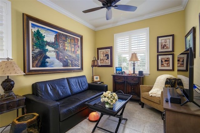 3681 Divot Ln, Sarasota, FL 34232 - living room featuring ornamental molding, a ceiling fan, and light tile patterned flooring