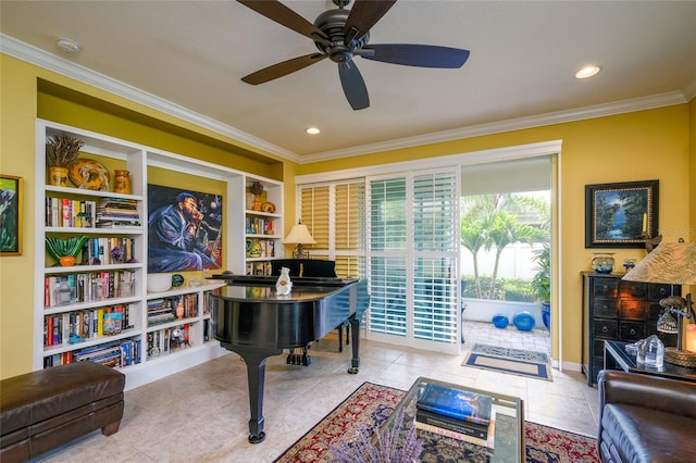 3681 Divot Ln, Sarasota, FL 34232 - tiled office space featuring ornamental molding, a ceiling fan, and recessed lighting
