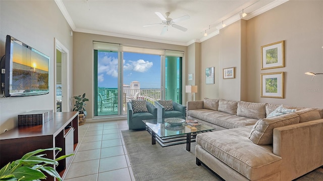 1771 Ringling Blvd Unit 1206, Sarasota, FL 34236 - living area with ornamental molding, light tile patterned floors, ceiling fan, and track lighting