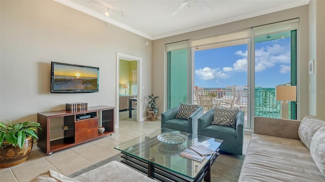 1771 Ringling Blvd Unit 1206, Sarasota, FL 34236 - living area featuring light tile patterned floors, ornamental molding, and ceiling fan