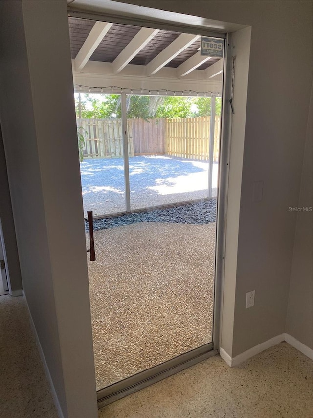 2131 Montclair Dr Unit 2131 & 2137, Sarasota, FL 34231 - entryway with speckled floor and beamed ceiling