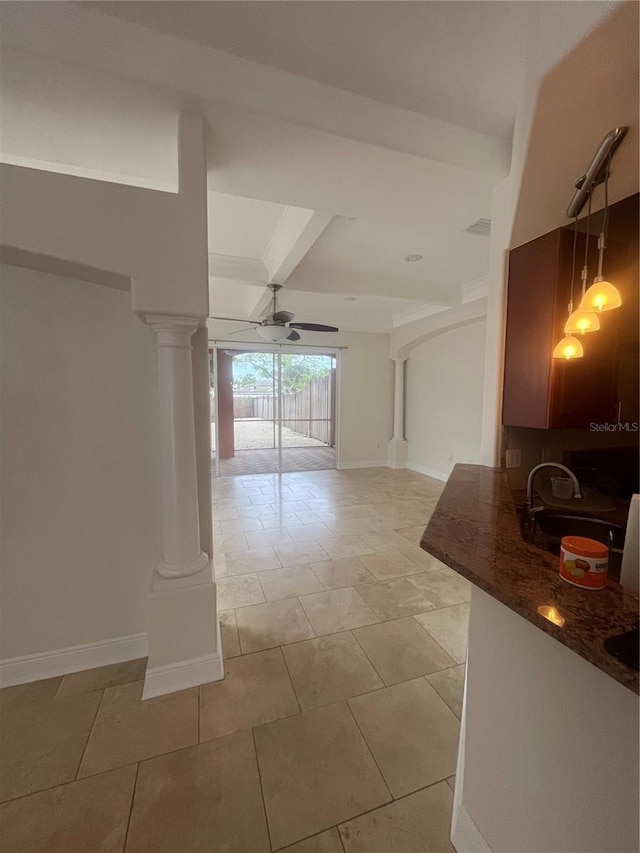 2119-2125 Montclair Dr Unit 2119 & 2125, Sarasota, FL 34231 - empty room featuring ornate columns, ceiling fan, and light tile patterned floors