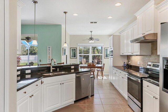 5333 Tide Point Way, Bradenton, FL 34208 - kitchen featuring appliances with stainless steel finishes, under cabinet range hood, ceiling fan, healthy amount of natural light, and recessed lighting