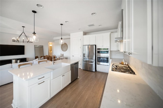 17737 Savory Mist Cir, Bradenton, FL 34211 - kitchen with appliances with stainless steel finishes, open floor plan, white cabinets, pendant lighting, and an island with sink