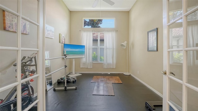 7717 US Open Loop, Lakewood Ranch, FL 34202 - workout area with a ceiling fan and french doors