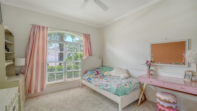 7717 US Open Loop, Lakewood Ranch, FL 34202 - bedroom featuring multiple windows, crown molding, light colored carpet, and ceiling fan