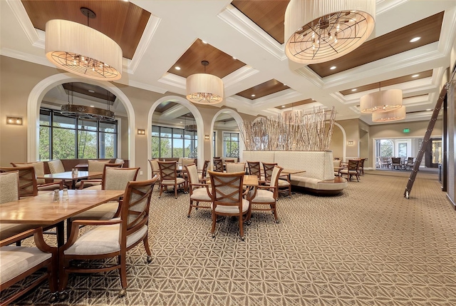 7717 US Open Loop, Lakewood Ranch, FL 34202 - dining space with coffered ceiling, ornamental molding, recessed lighting, and light carpet