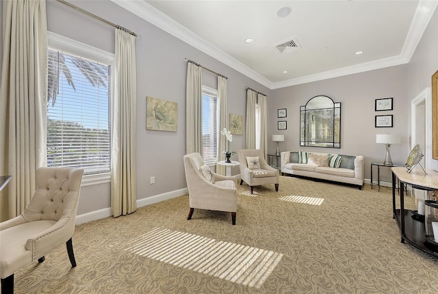 7717 US Open Loop, Lakewood Ranch, FL 34202 - living area with carpet, crown molding, and recessed lighting