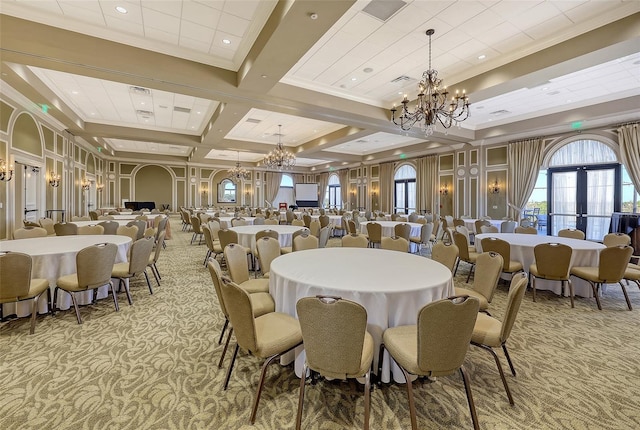 7717 US Open Loop, Lakewood Ranch, FL 34202 - dining space featuring light carpet, a chandelier, french doors, coffered ceiling, and ornamental molding