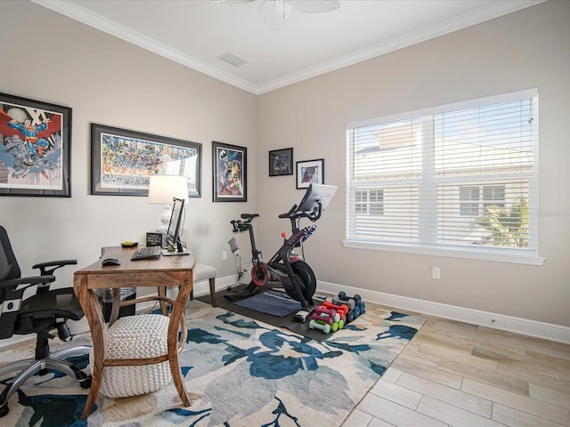 7840 34th Ave W Unit 303, Bradenton, FL 34209 - exercise room featuring light wood-style floors, crown molding, and a ceiling fan