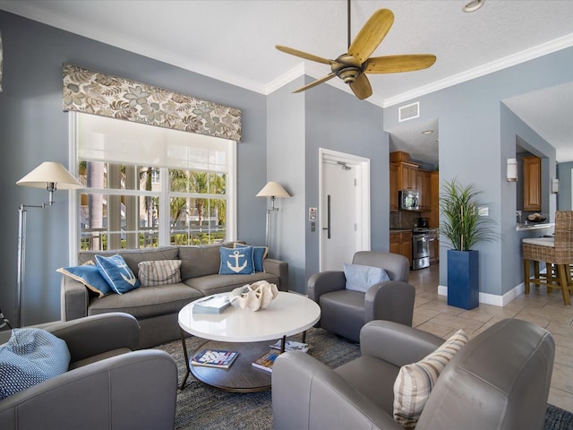 7840 34th Ave W Unit 303, Bradenton, FL 34209 - living area with a ceiling fan, crown molding, and a high ceiling
