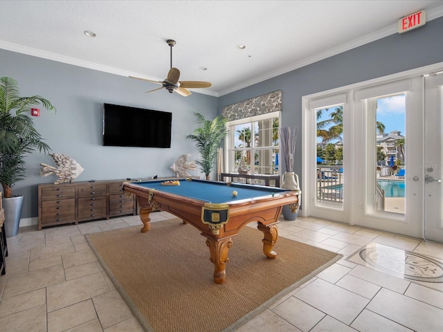 7840 34th Ave W Unit 303, Bradenton, FL 34209 - game room featuring billiards, ceiling fan, ornamental molding, and recessed lighting