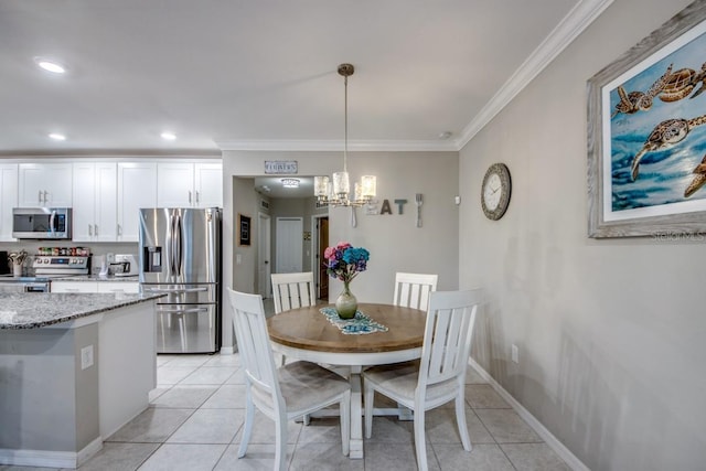 640 Encarnacion St, Punta Gorda, FL 33983 - dining space featuring a chandelier, ornamental molding, light tile patterned flooring, and recessed lighting