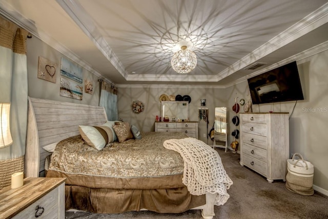 640 Encarnacion St, Punta Gorda, FL 33983 - bedroom with carpet flooring, a tray ceiling, ornamental molding, and a chandelier