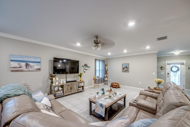640 Encarnacion St, Punta Gorda, FL 33983 - living area featuring light tile patterned floors, crown molding, a ceiling fan, and recessed lighting