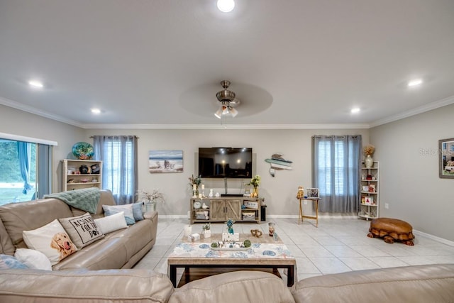 640 Encarnacion St, Punta Gorda, FL 33983 - living area featuring light tile patterned floors, ornamental molding, ceiling fan, and recessed lighting