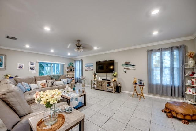 640 Encarnacion St, Punta Gorda, FL 33983 - living room with ceiling fan, crown molding, light tile patterned floors, and recessed lighting