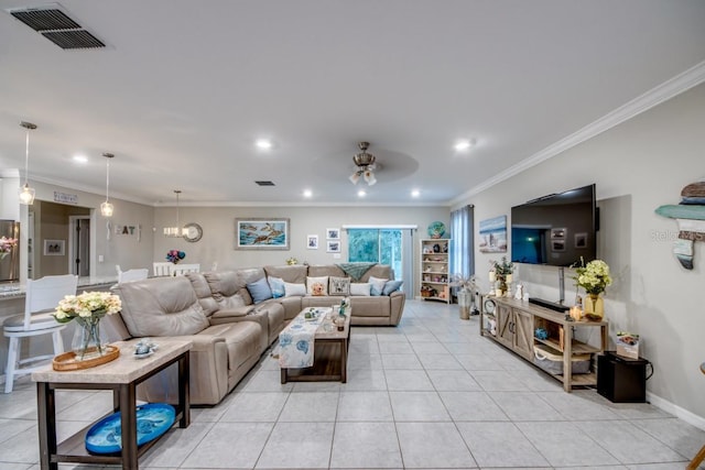640 Encarnacion St, Punta Gorda, FL 33983 - living room with a ceiling fan, light tile patterned floors, ornamental molding, and recessed lighting