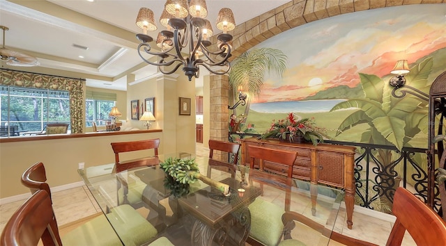 7012 Treymore Ct, Sarasota, FL 34243 - dining space with a chandelier, tile patterned flooring, recessed lighting, and crown molding