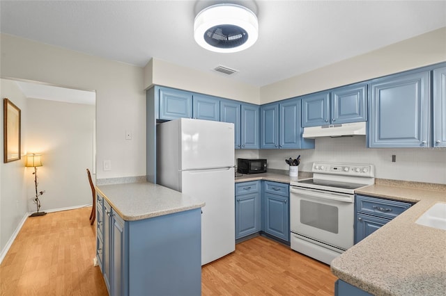 409 Archibald Ave, Sarasota, FL 34243 - kitchen with white appliances, under cabinet range hood, blue cabinets, and light wood-style floors