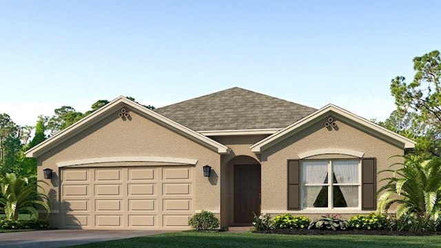 12068 Mountain Island Trl, Parrish, FL 34219 - view of front facade featuring an attached garage, a shingled roof, driveway, and stucco siding