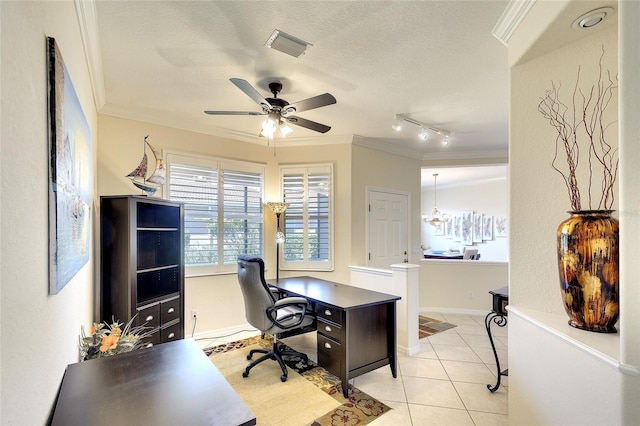 362 Fairway Isles Ln, Bradenton, FL 34212 - office area featuring crown molding, ceiling fan, light tile patterned flooring, a textured ceiling, and track lighting