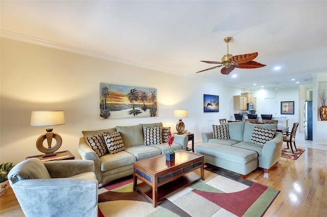 362 Fairway Isles Ln, Bradenton, FL 34212 - living area with crown molding, a ceiling fan, light wood-style flooring, and recessed lighting