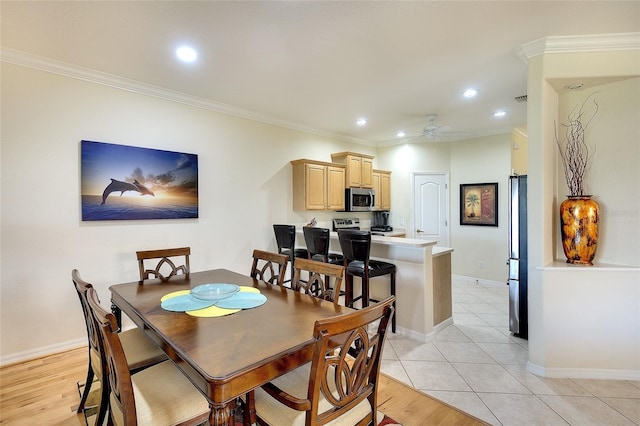 362 Fairway Isles Ln, Bradenton, FL 34212 - dining area with ornamental molding, recessed lighting, a ceiling fan, and light tile patterned flooring