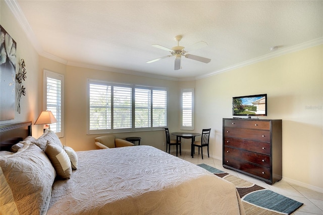362 Fairway Isles Ln, Bradenton, FL 34212 - bedroom featuring light tile patterned floors, multiple windows, ornamental molding, and a ceiling fan