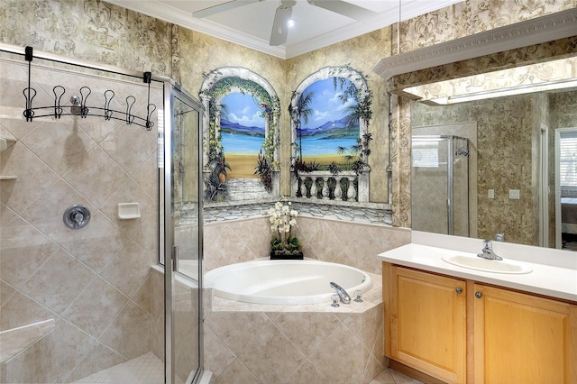362 Fairway Isles Ln, Bradenton, FL 34212 - full bathroom with vanity, a garden tub, a stall shower, ornamental molding, and a ceiling fan