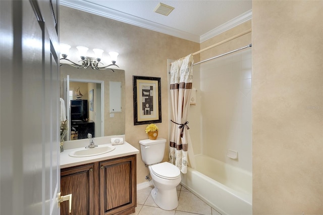 362 Fairway Isles Ln, Bradenton, FL 34212 - full bath with vanity, tile patterned flooring, shower / tub combo, ornamental molding, and a chandelier