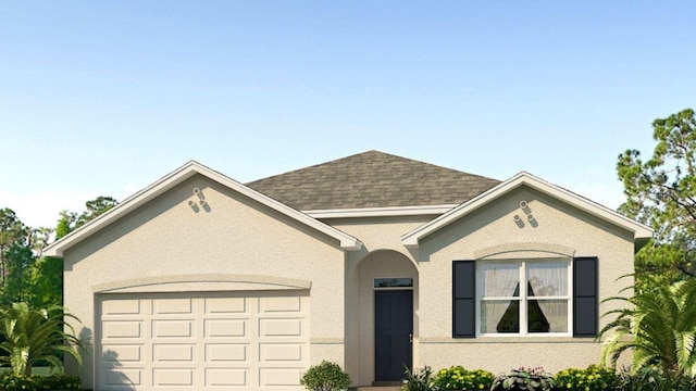 4327 112th St E, Palmetto, FL 34221 - view of front of house featuring an attached garage, roof with shingles, stucco siding, and driveway