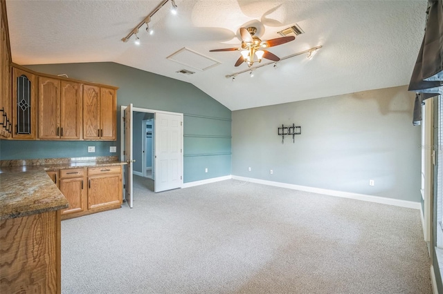 3041 Stonegate Falls Dr, Land O Lakes, FL 34638 - kitchen with track lighting, lofted ceiling, a textured ceiling, light carpet, and brown cabinetry