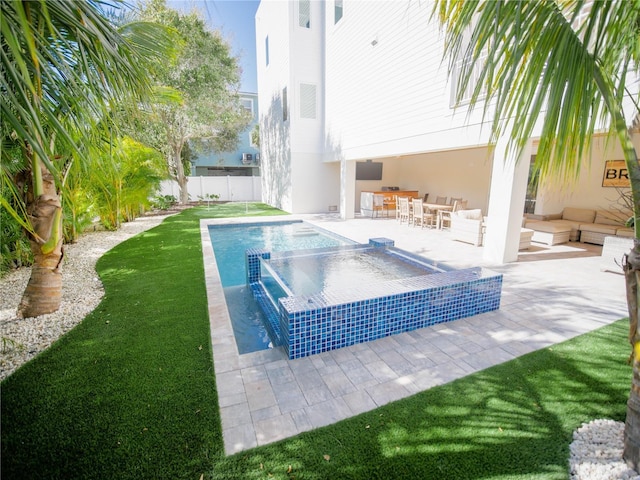 111 6th St N, Bradenton Beach, FL 34217 - view of pool featuring a fenced backyard, a patio, outdoor dining area, and a hot tub