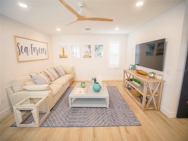 111 6th St N, Bradenton Beach, FL 34217 - living room featuring wood finished floors, recessed lighting, and ceiling fan