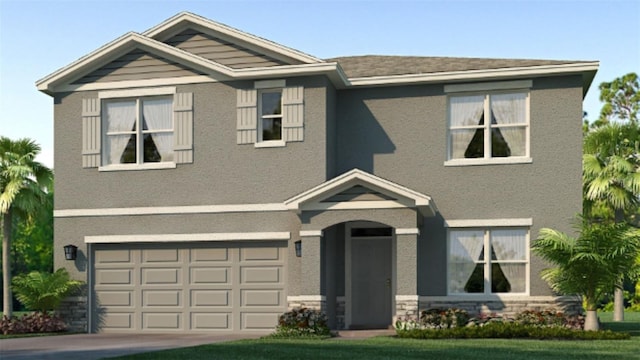 18317 Canopy Pl, Lakewood Ranch, FL 34211 - view of front of property with a garage, stucco siding, concrete driveway, and stone siding