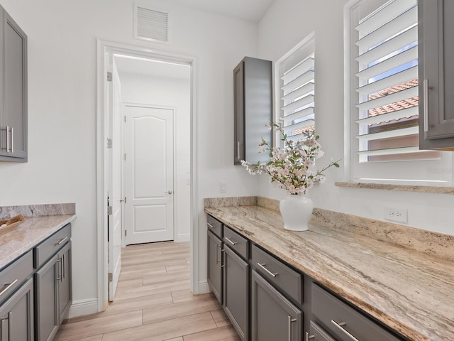 10120 Carnoustie Pl, Bradenton, FL 34211 - kitchen featuring gray cabinetry, wood finish floors, and light stone counters
