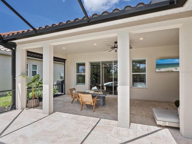 10120 Carnoustie Pl, Bradenton, FL 34211 - view of patio featuring ceiling fan, a lanai, and outdoor dining area