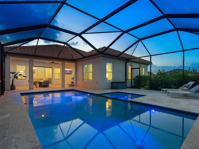 10120 Carnoustie Pl, Bradenton, FL 34211 - view of swimming pool with a patio, a ceiling fan, glass enclosure, and a pool with connected hot tub