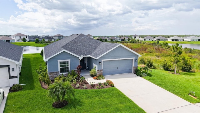 6435 165th Dr E, Parrish, FL 34219 - single story home with a residential view, stone siding, a garage, a front yard, and concrete driveway